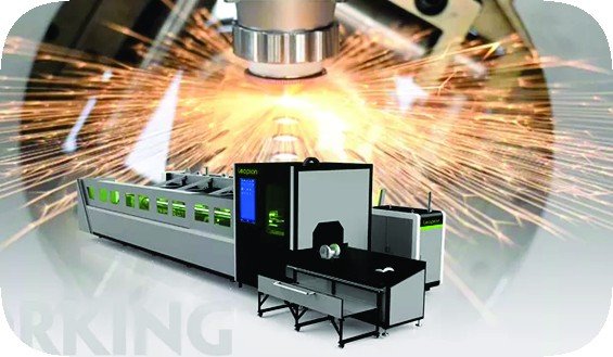 Tube fiber laser cutting in action, sparks flying
